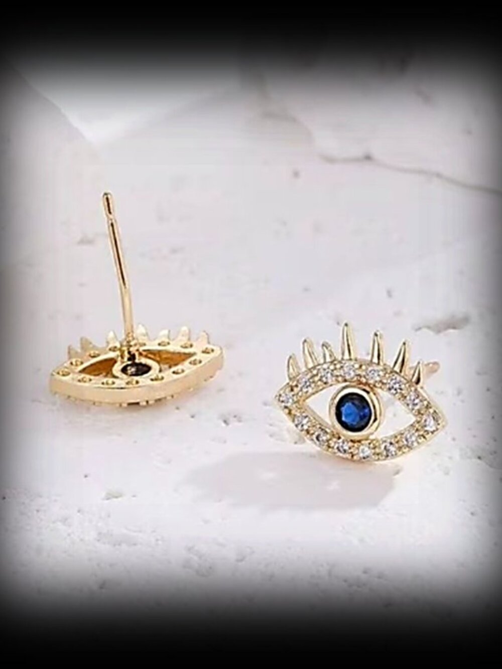 Gold Boho Evil Eye Protection Stud Earrings Blue Clear CZ | Eyelash | Talisman
